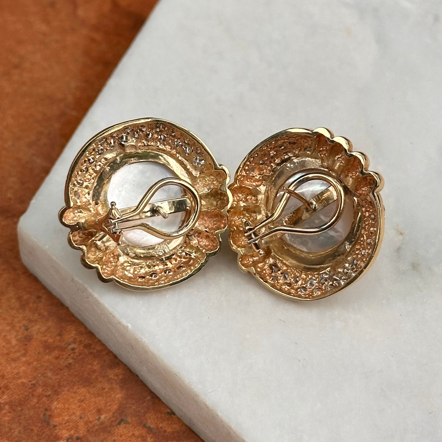 Estate 14KT Yellow Round Mabe Pearl + Pave Diamond Earrings