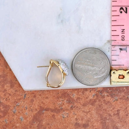 Estate 14KT Yellow Gold Bark Matte Finish + Pave Diamonds Half Hoop Earrings
