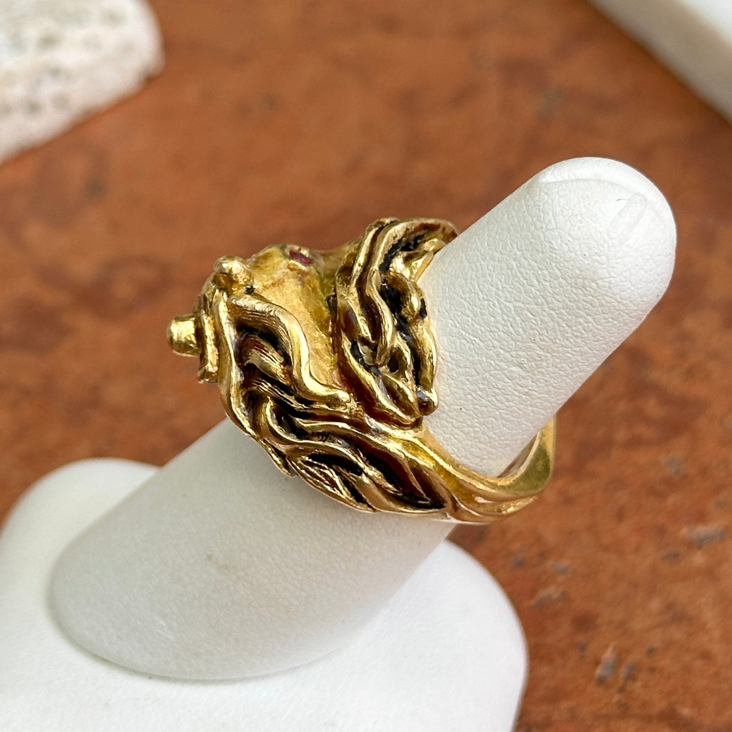 Estate 18KT Yellow Gold Diamond + Ruby Statement Horse Head Ring