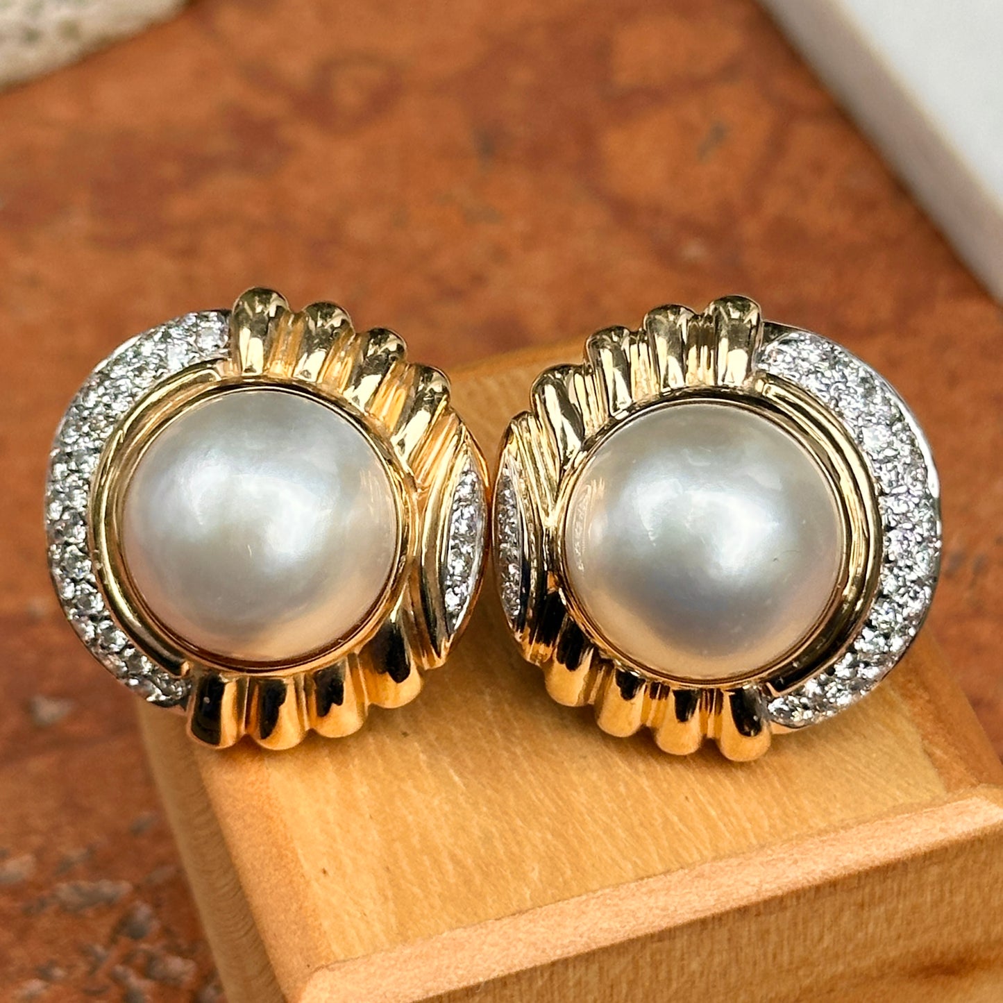 Estate 14KT Yellow Round Mabe Pearl + Pave Diamond Earrings