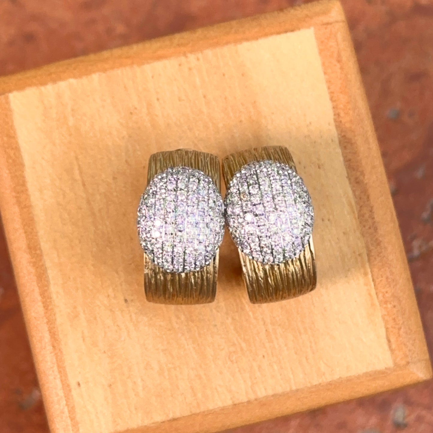 Estate 14KT Yellow Gold Bark Matte Finish + Pave Diamonds Half Hoop Earrings