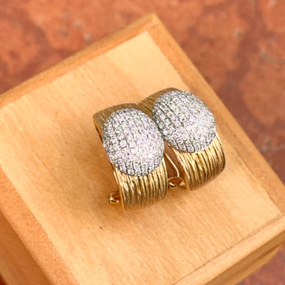 Estate 14KT Yellow Gold Bark Matte Finish + Pave Diamonds Half Hoop Earrings