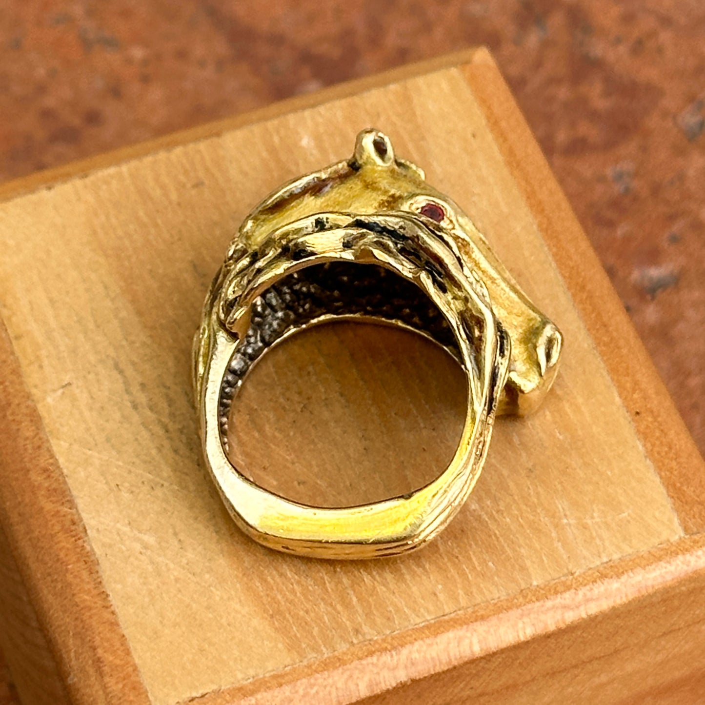 Estate 18KT Yellow Gold Diamond + Ruby Statement Horse Head Ring