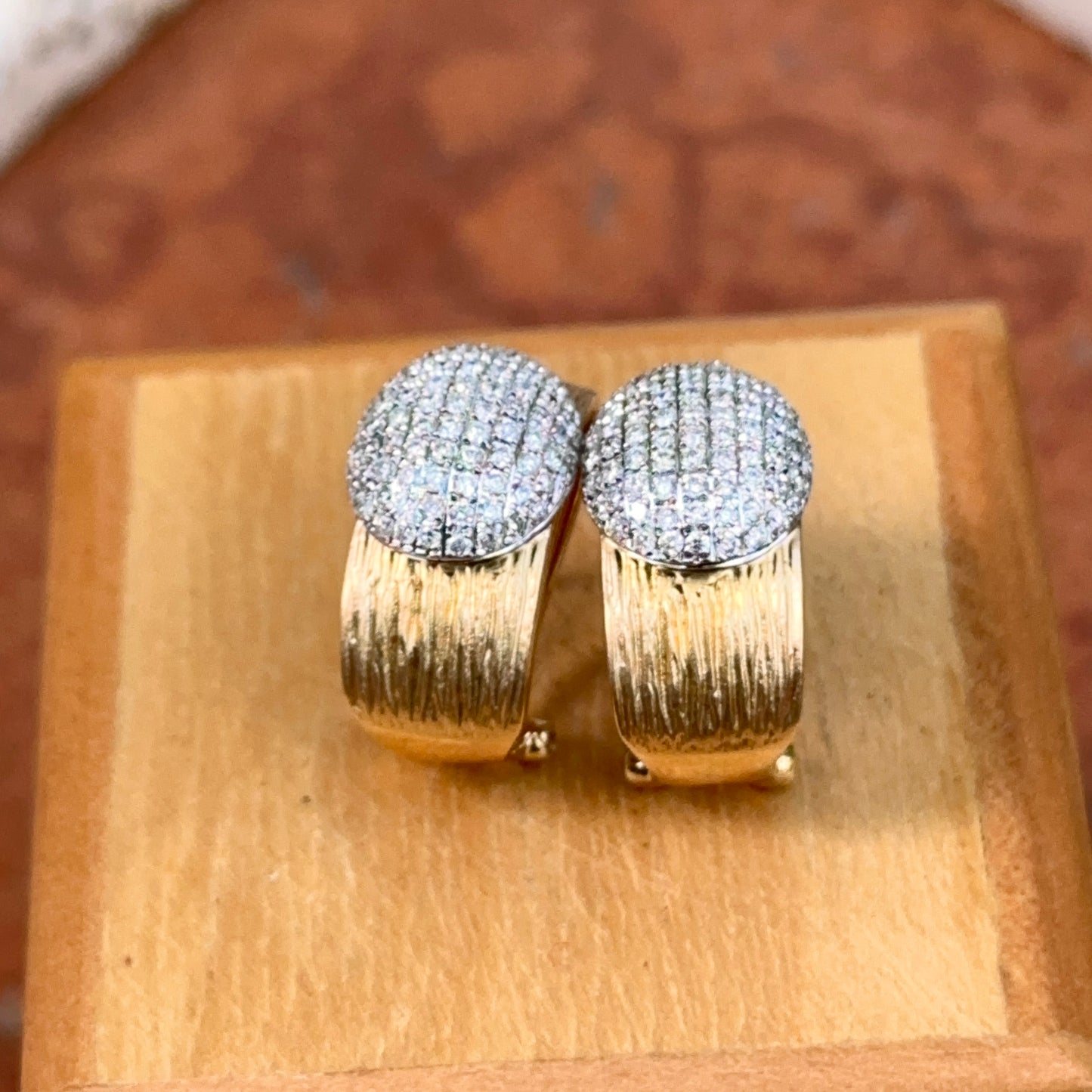 Estate 14KT Yellow Gold Bark Matte Finish + Pave Diamonds Half Hoop Earrings