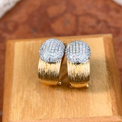 Estate 14KT Yellow Gold Bark Matte Finish + Pave Diamonds Half Hoop Earrings