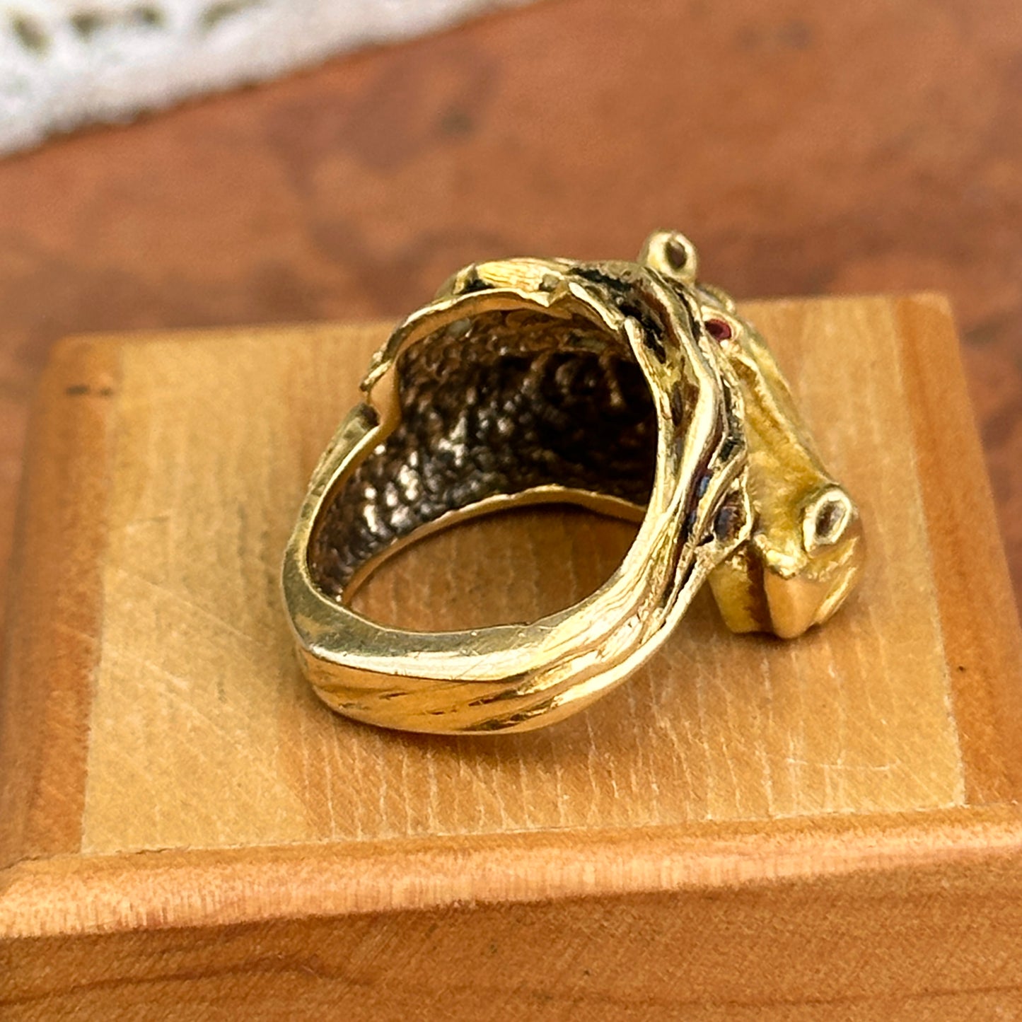 Estate 18KT Yellow Gold Diamond + Ruby Statement Horse Head Ring