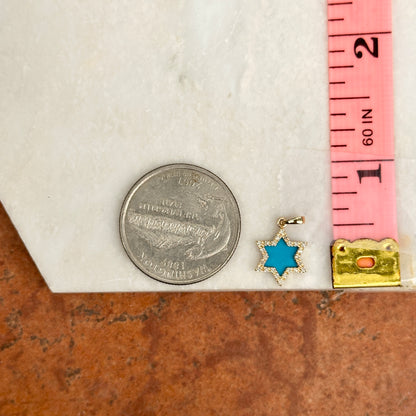 14KT Yellow Gold Blue Turquoise + Pave Diamond Star of David Pendant Charm