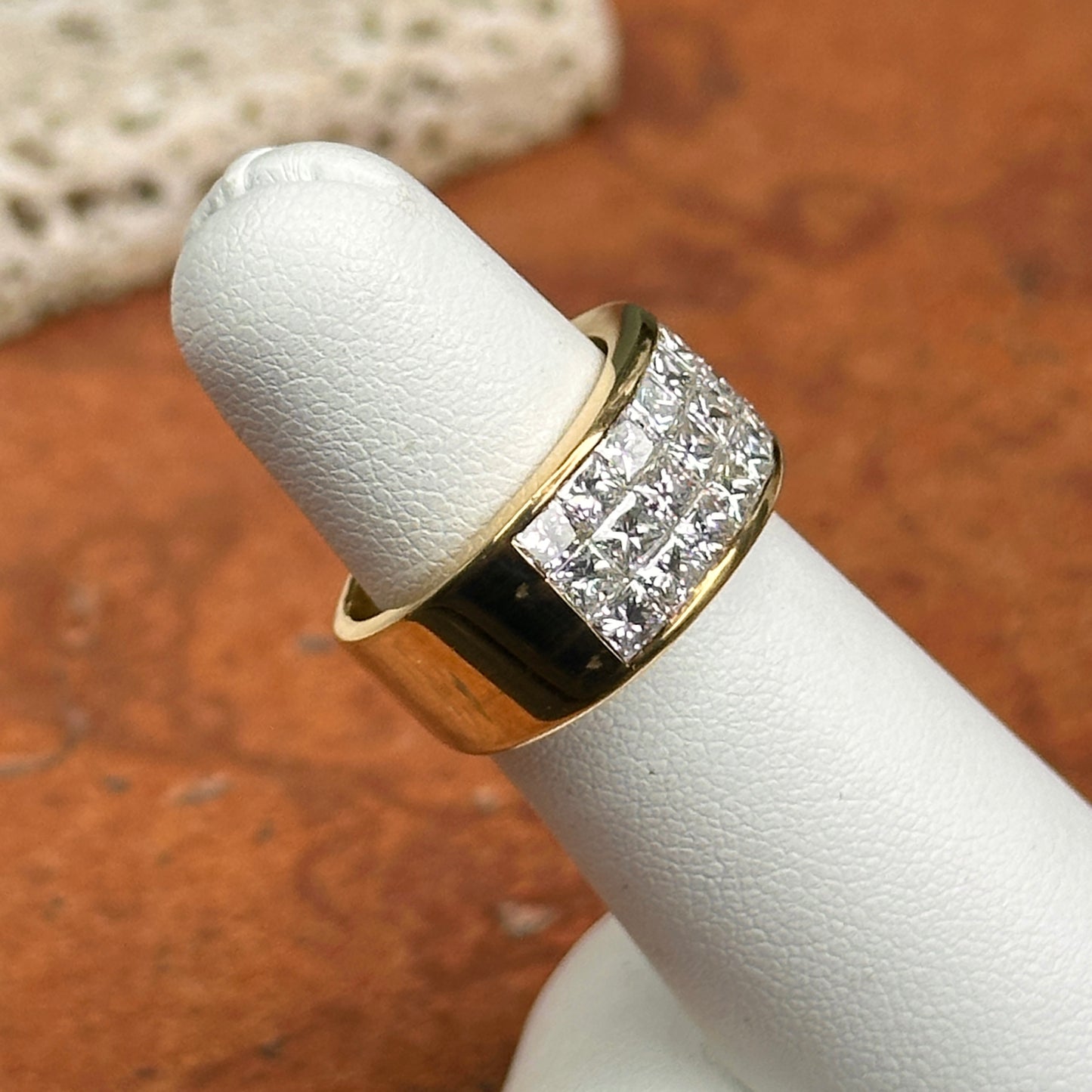 Estate 18KT Yellow Gold 3-Row Princess-Cut Invisible Set Band Ring