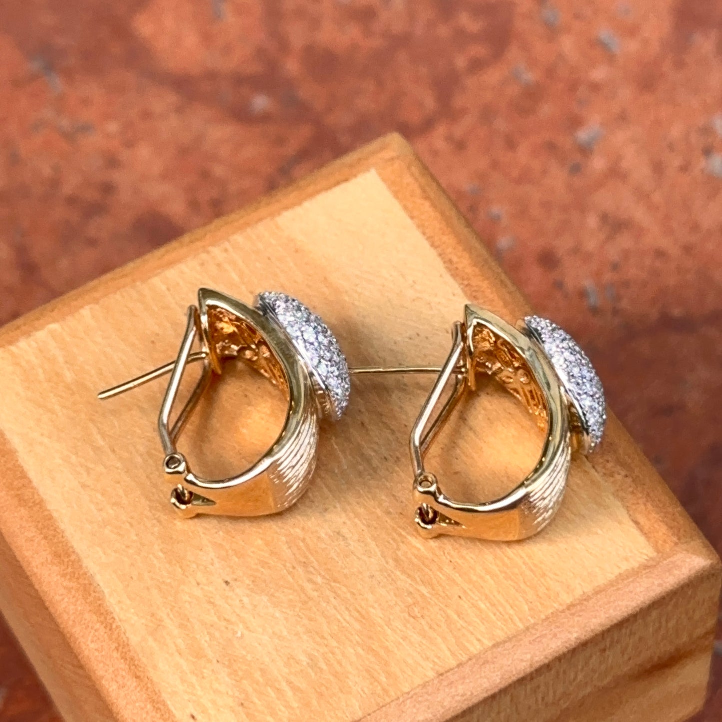 Estate 14KT Yellow Gold Bark Matte Finish + Pave Diamonds Half Hoop Earrings