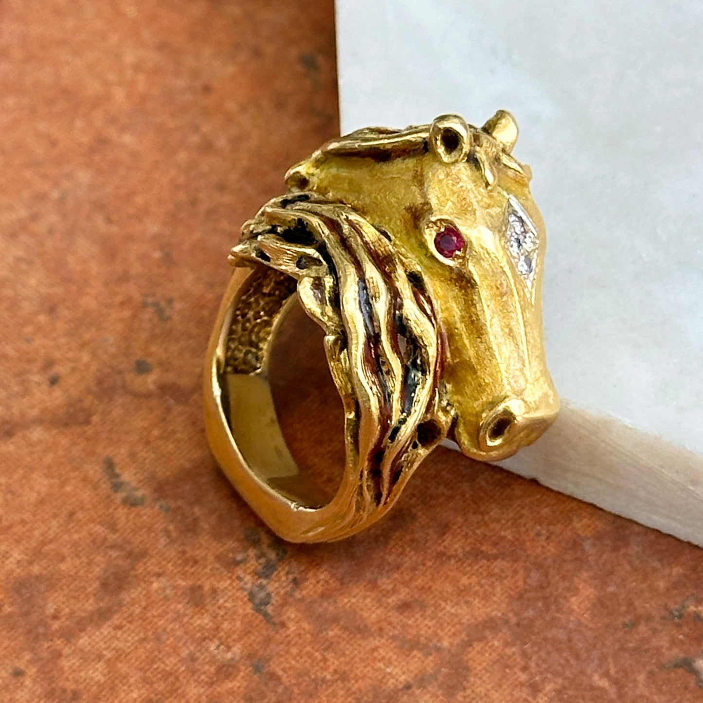 Estate 18KT Yellow Gold Diamond + Ruby Statement Horse Head Ring