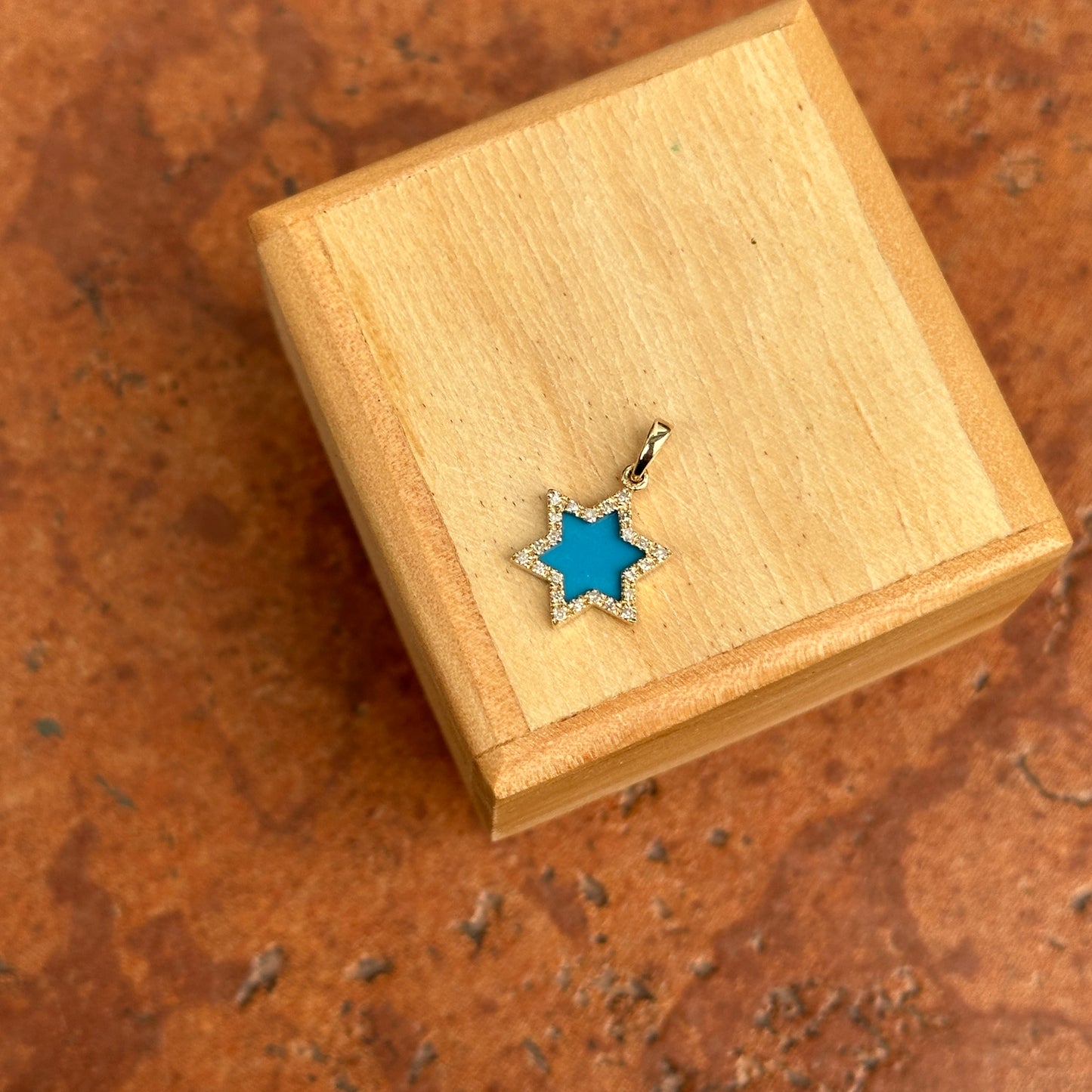 14KT Yellow Gold Blue Turquoise + Pave Diamond Star of David Pendant Charm