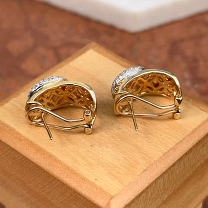 Estate 14KT Yellow Gold Bark Matte Finish + Pave Diamonds Half Hoop Earrings