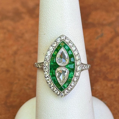 Platinum Art Deco Rose-Cut Pear Diamond + Square Emerald Ring