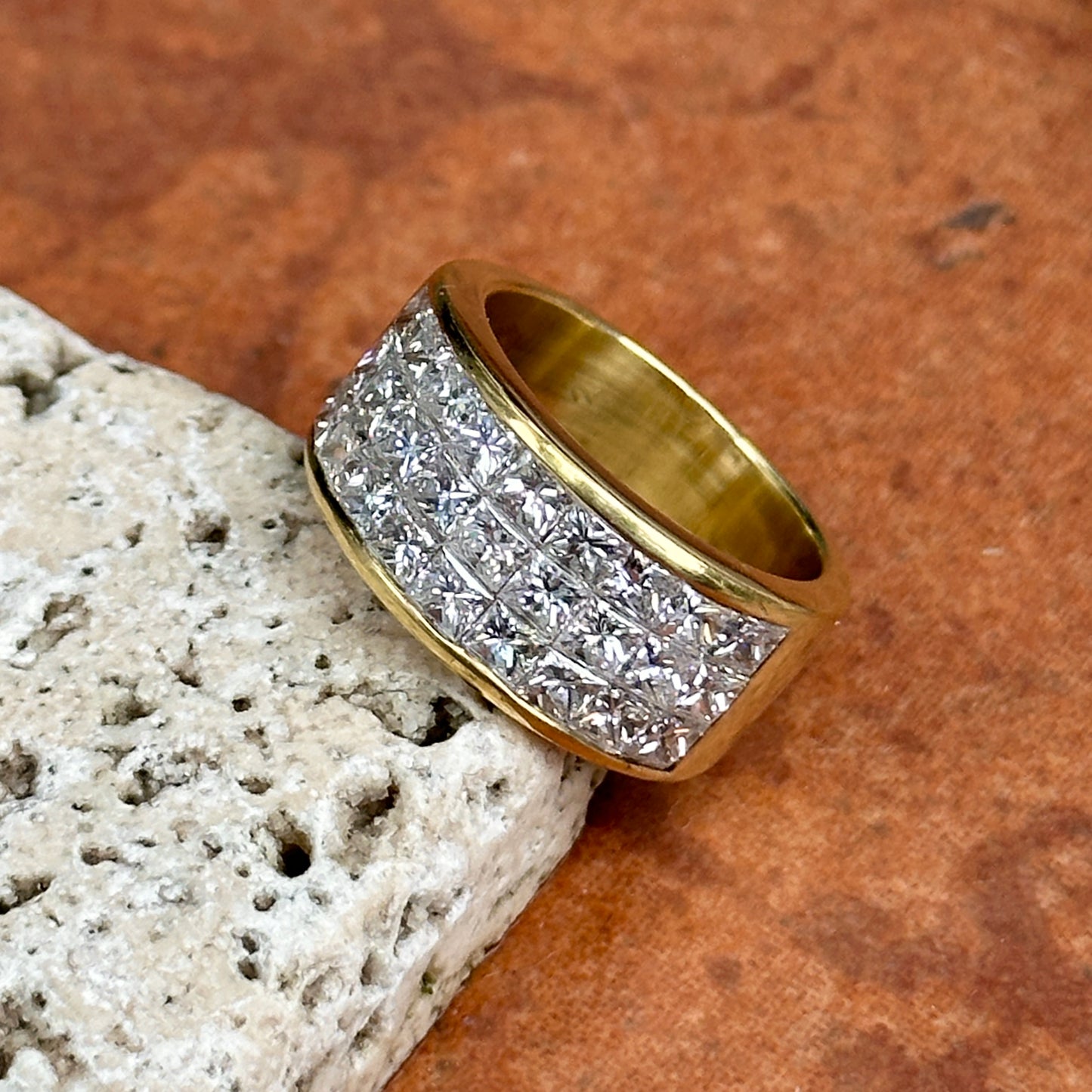 Estate 18KT Yellow Gold 3-Row Princess-Cut Invisible Set Band Ring