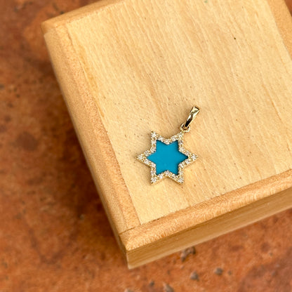 14KT Yellow Gold Blue Turquoise + Pave Diamond Star of David Pendant Charm