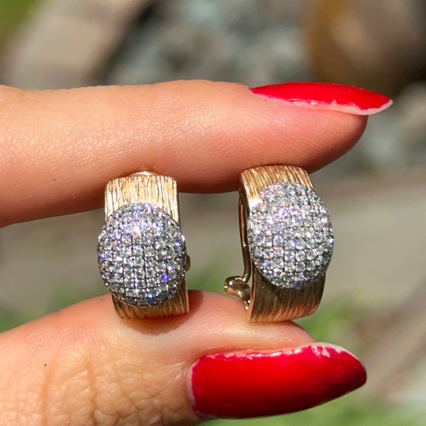 Estate 14KT Yellow Gold Bark Matte Finish + Pave Diamonds Half Hoop Earrings