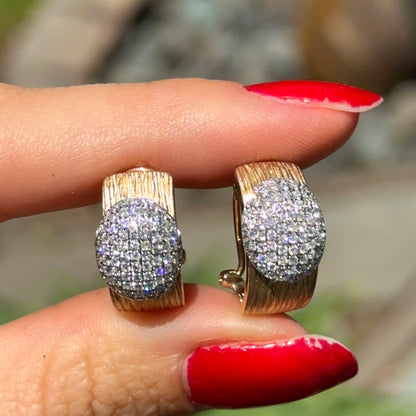 Estate 14KT Yellow Gold Bark Matte Finish + Pave Diamonds Half Hoop Earrings