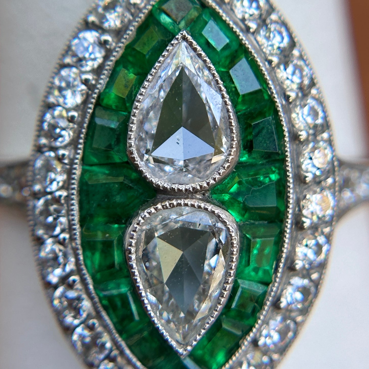 Platinum Art Deco Rose-Cut Pear Diamond + Square Emerald Ring