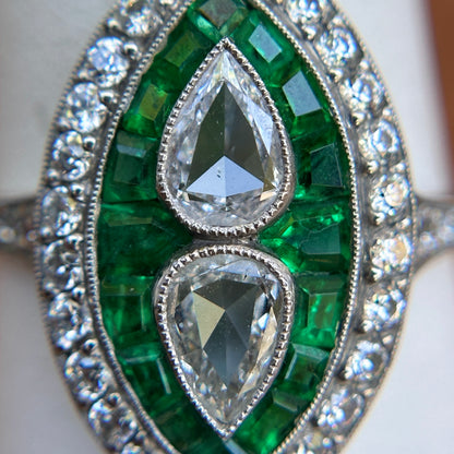 Platinum Art Deco Rose-Cut Pear Diamond + Square Emerald Ring