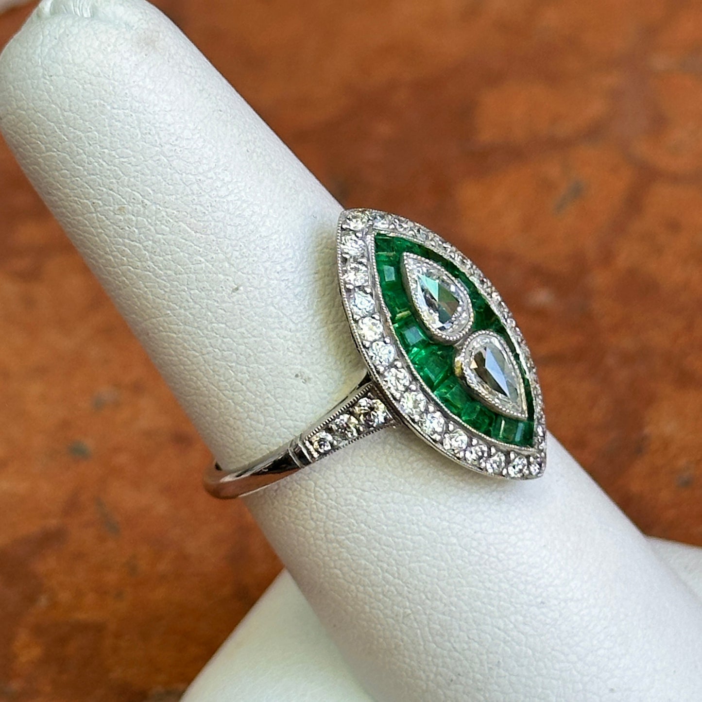 Platinum Art Deco Rose-Cut Pear Diamond + Square Emerald Ring