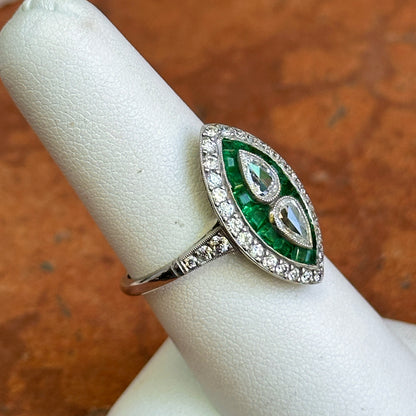 Platinum Art Deco Rose-Cut Pear Diamond + Square Emerald Ring
