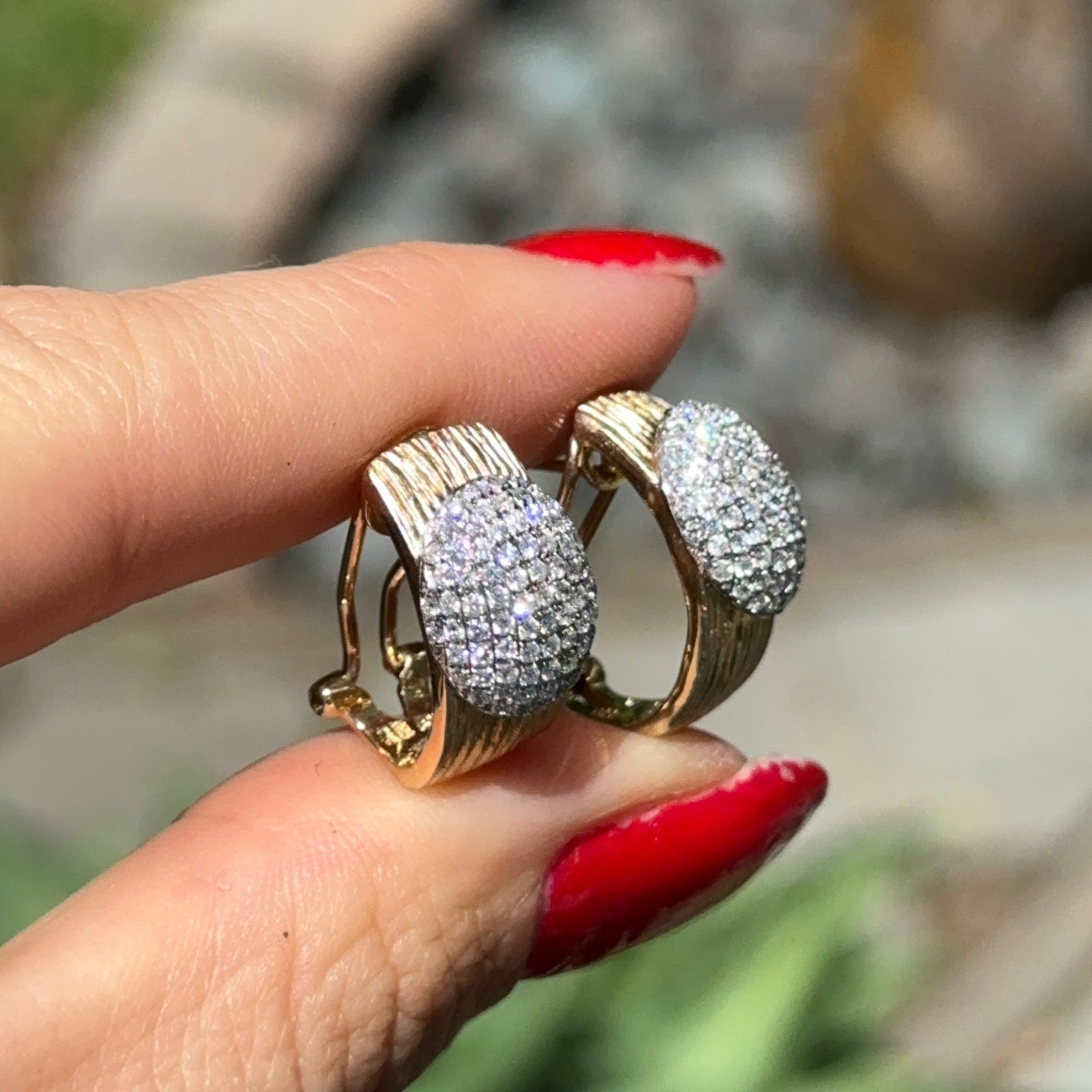 Estate 14KT Yellow Gold Bark Matte Finish + Pave Diamonds Half Hoop Earrings