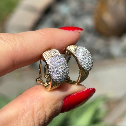 Estate 14KT Yellow Gold Bark Matte Finish + Pave Diamonds Half Hoop Earrings