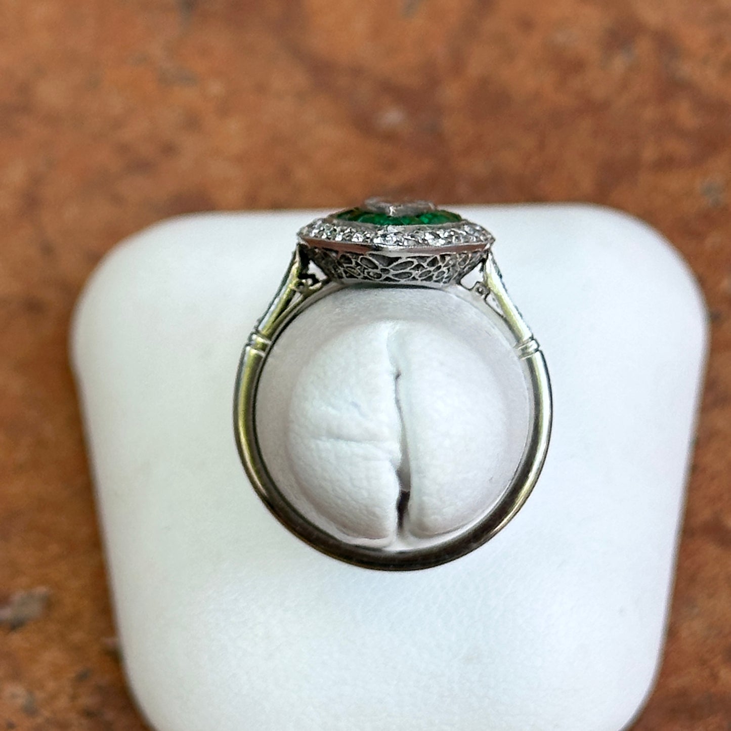 Platinum Art Deco Rose-Cut Pear Diamond + Square Emerald Ring