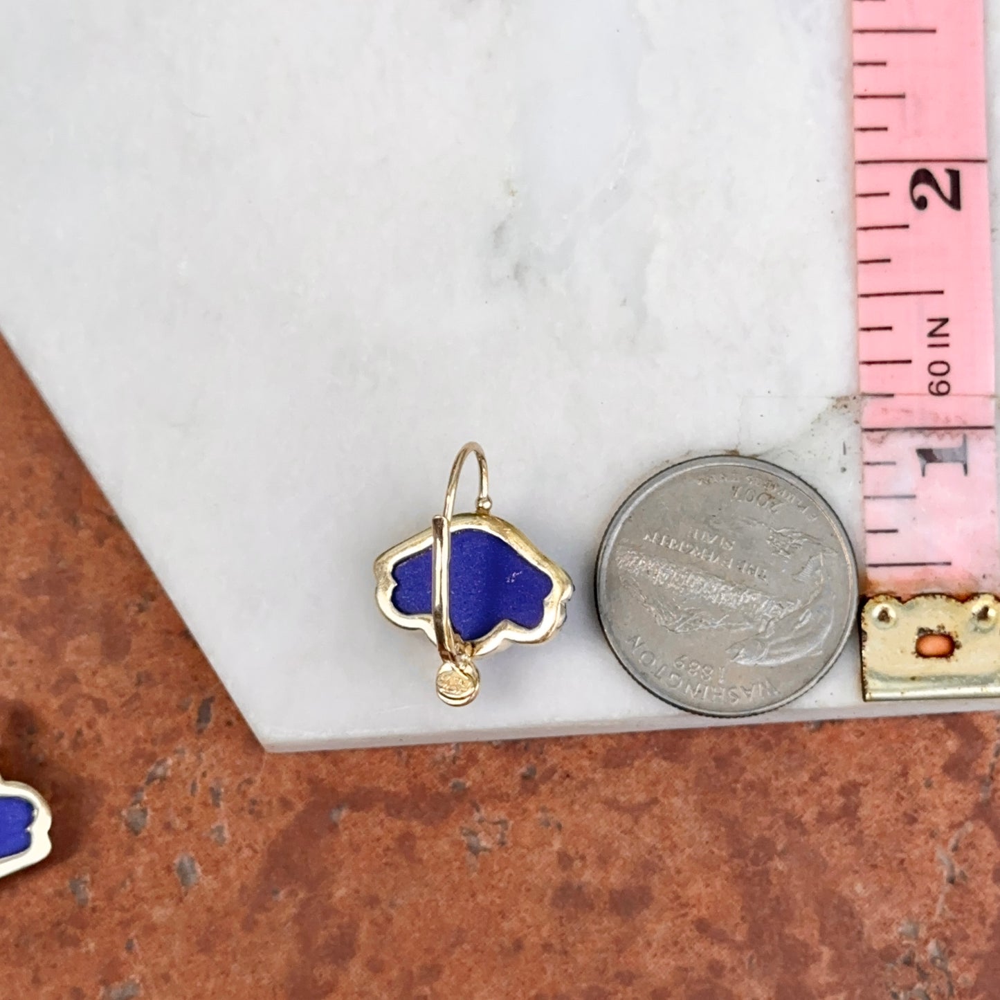 Estate 14KT Yellow Gold Polished Italian Carved Blue Lapis 3D Medusa + Cabochon Ruby Earrings
