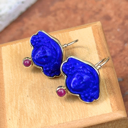 Estate 14KT Yellow Gold Polished Italian Carved Blue Lapis 3D Medusa + Cabochon Ruby Earrings