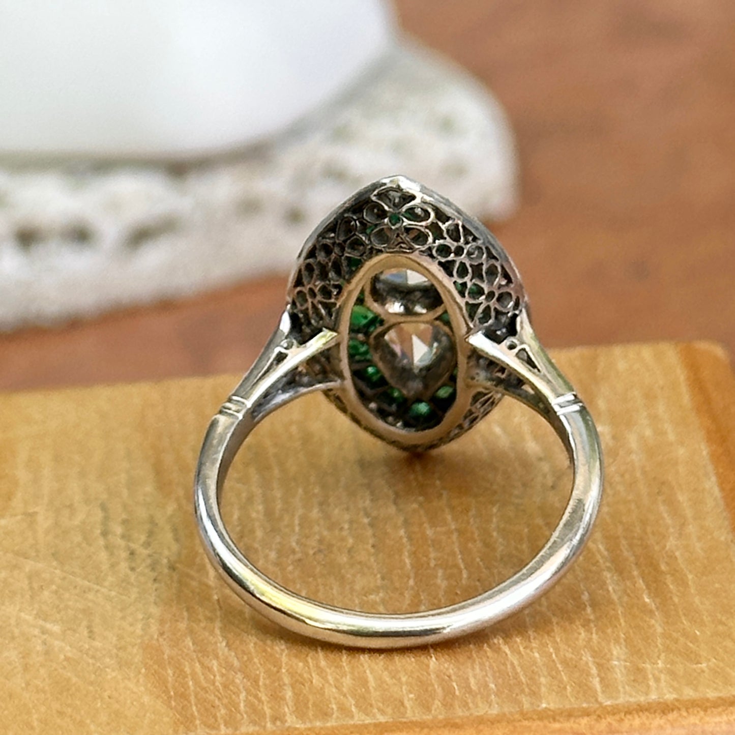 Platinum Art Deco Rose-Cut Pear Diamond + Square Emerald Ring