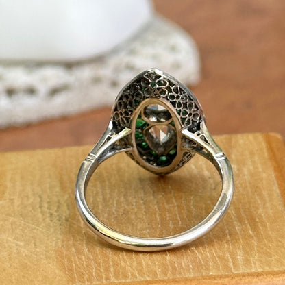Platinum Art Deco Rose-Cut Pear Diamond + Square Emerald Ring