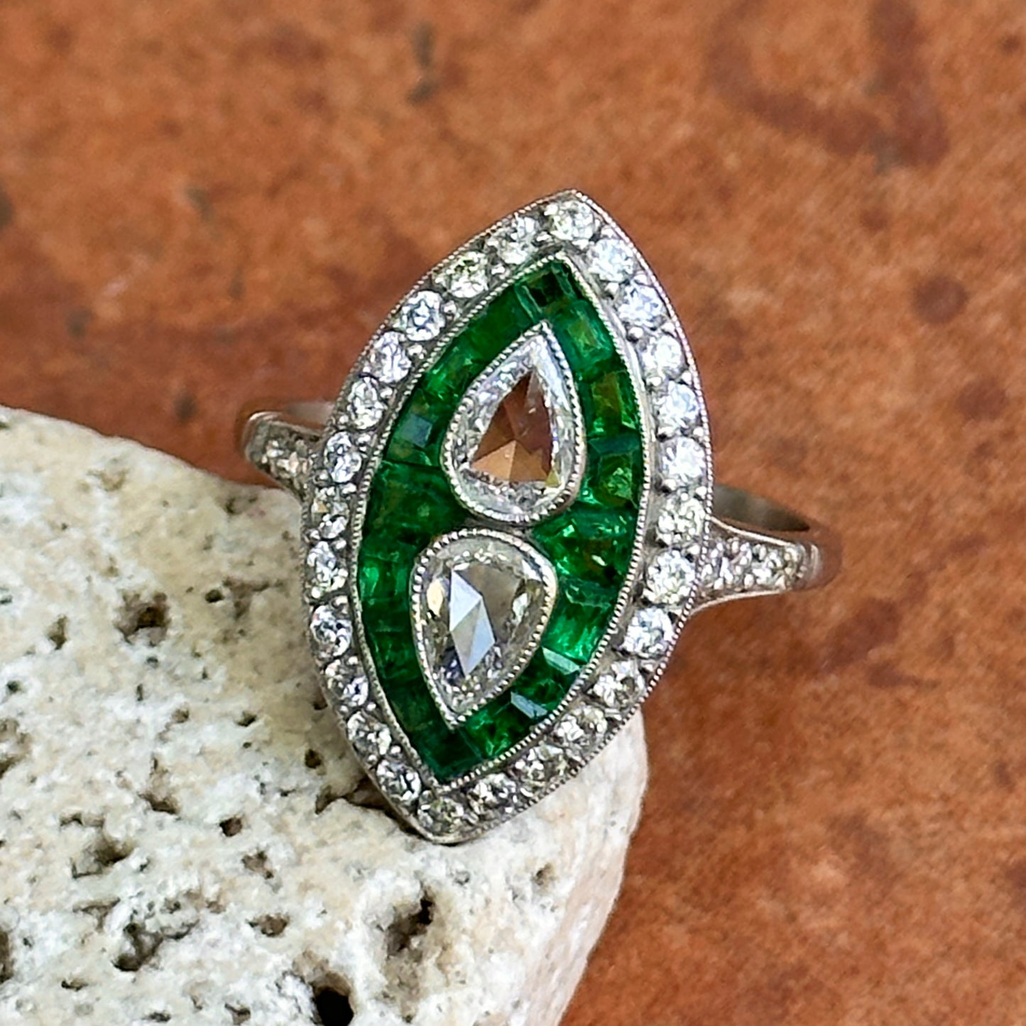 Platinum Art Deco Rose-Cut Pear Diamond + Square Emerald Ring