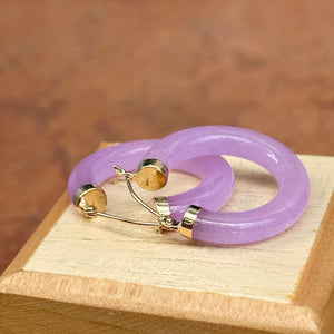 Estate 14KT Yellow Gold Lavender Jade Tube Hoop Earrings