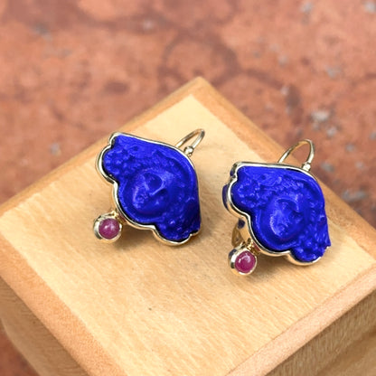 Estate 14KT Yellow Gold Polished Italian Carved Blue Lapis 3D Medusa + Cabochon Ruby Earrings