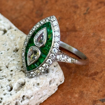 Platinum Art Deco Rose-Cut Pear Diamond + Square Emerald Ring