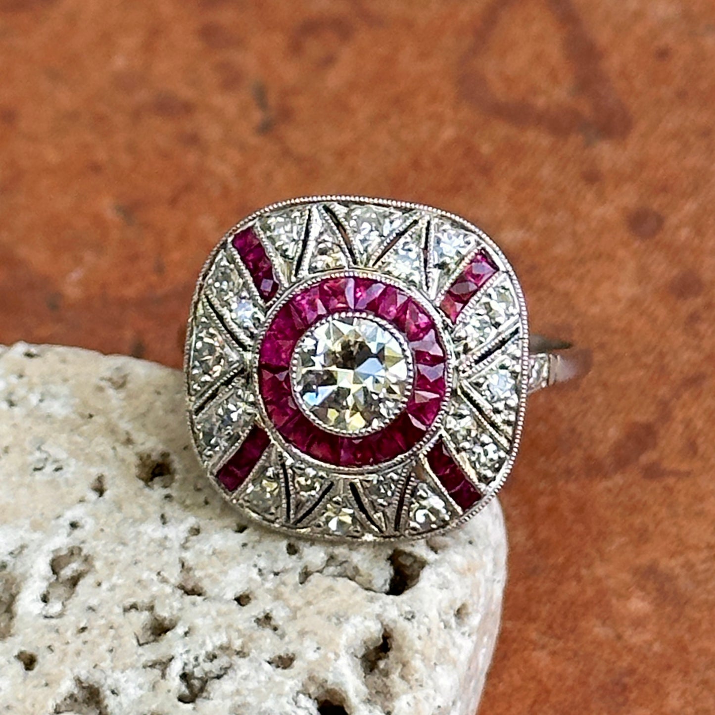 Platinum Art Deco Round Diamond + Square Ruby Ring