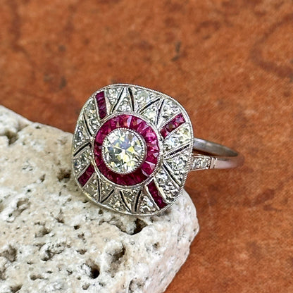 Platinum Art Deco Round Diamond + Square Ruby Ring