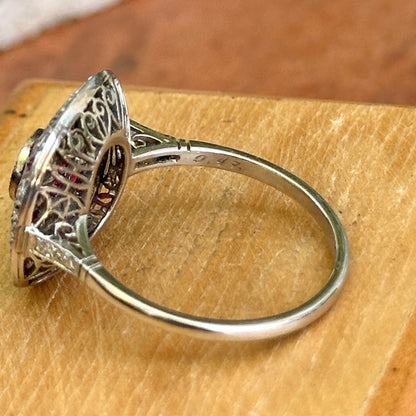 Platinum Art Deco Round Diamond + Square Ruby Ring