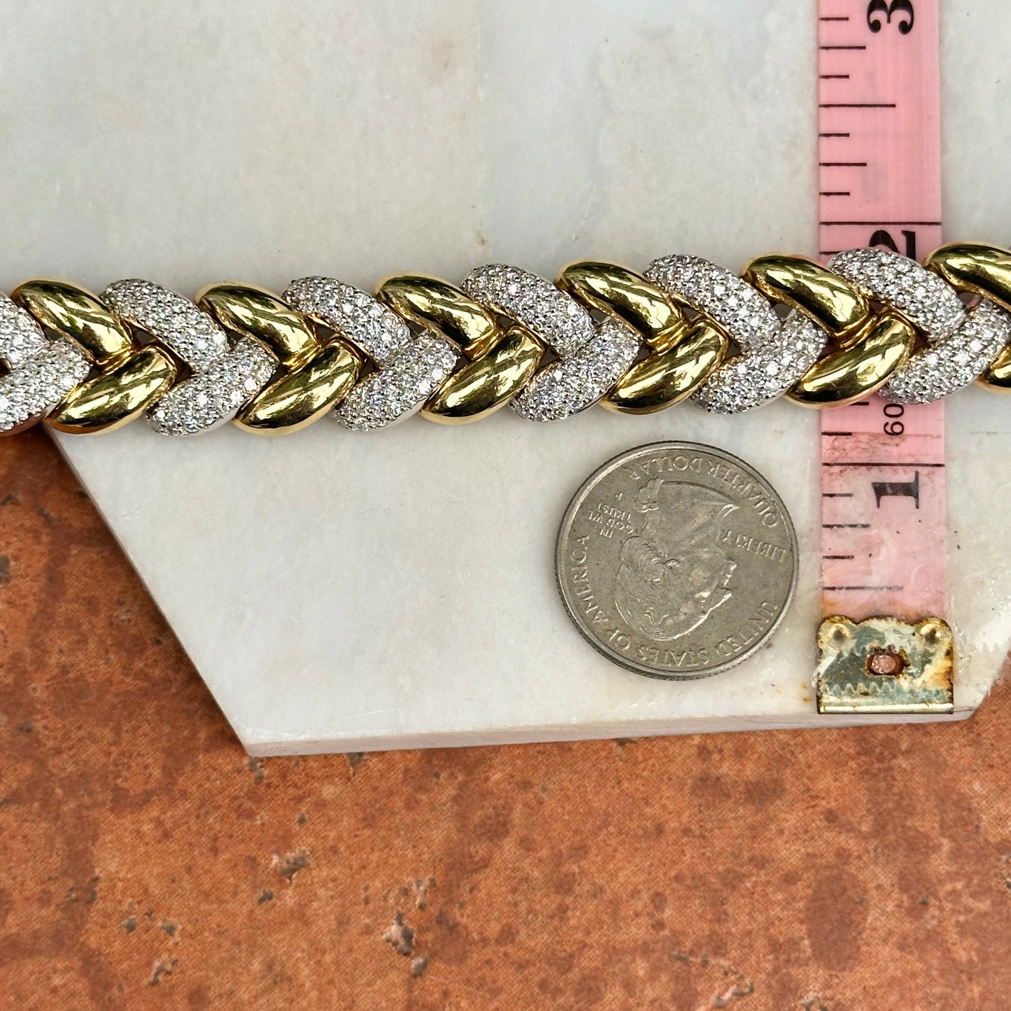 Estate 18KT Yellow + White Gold Round Diamond Large Link Tennis Bracelet