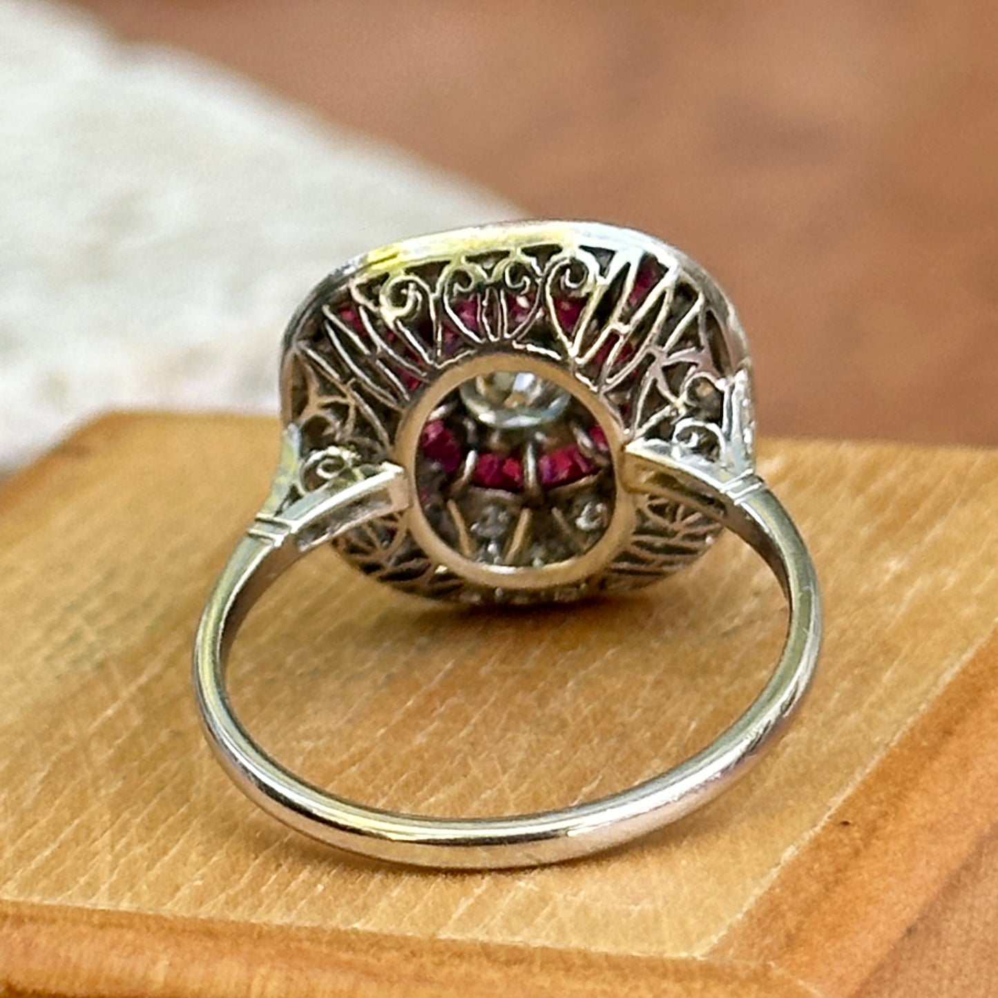 Platinum Art Deco Round Diamond + Square Ruby Ring