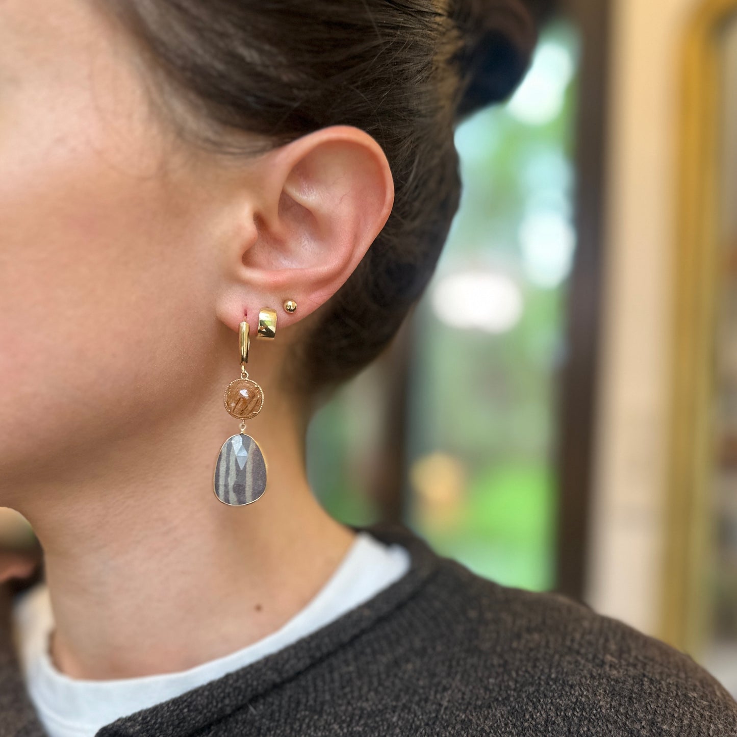 14KT Yellow Gold Cabochon Rutilated Quartz + Jasper Dangle Earrings