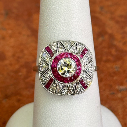 Platinum Art Deco Round Diamond + Square Ruby Ring