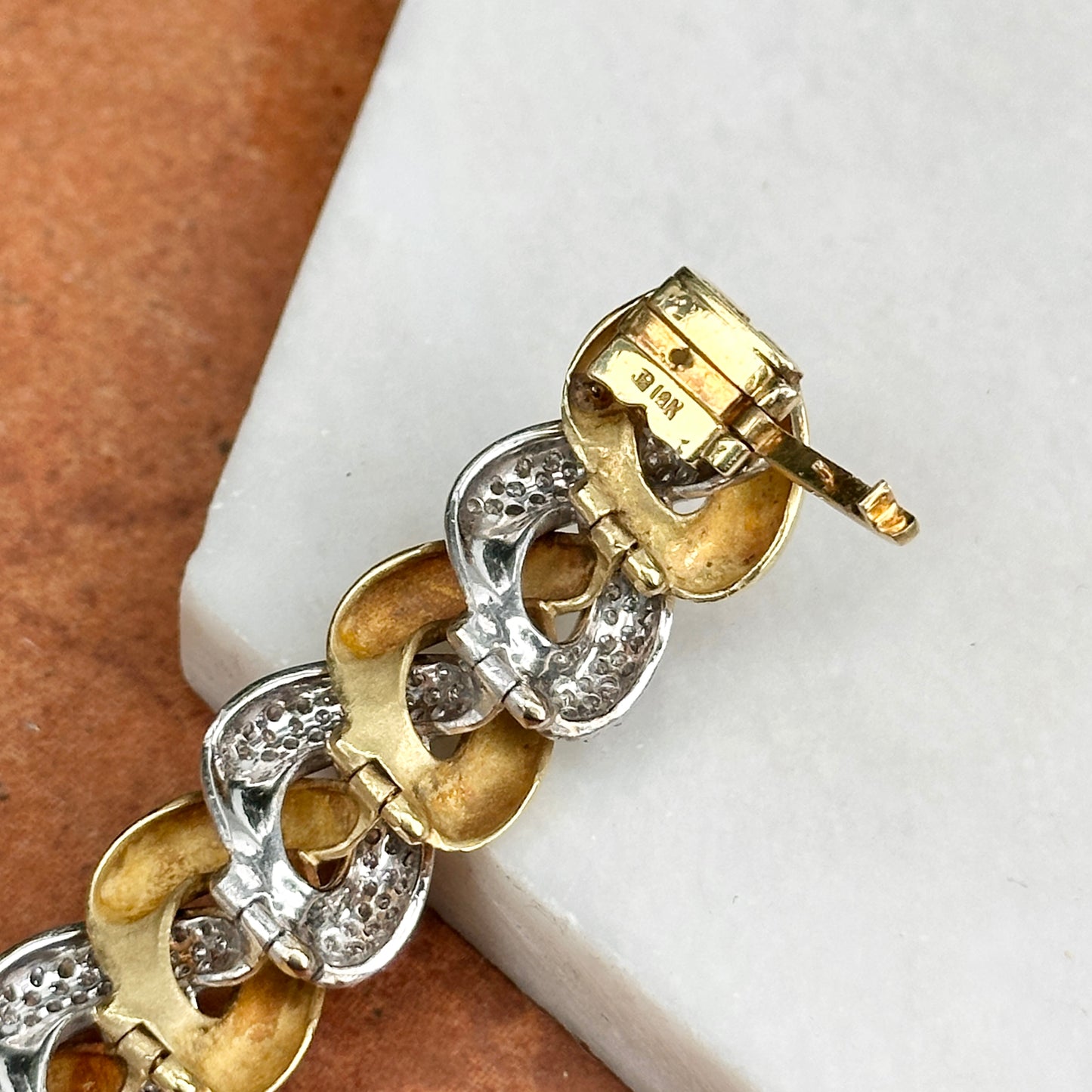 Estate 18KT Yellow + White Gold Round Diamond Large Link Tennis Bracelet