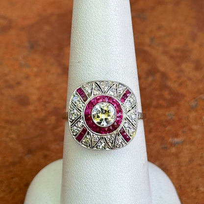 Platinum Art Deco Round Diamond + Square Ruby Ring