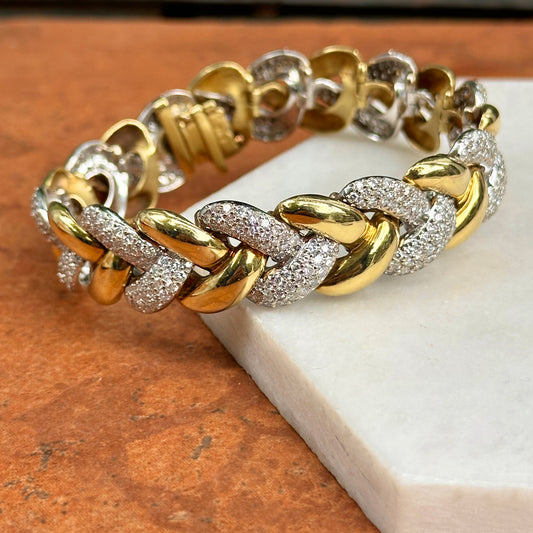 Estate 18KT Yellow + White Gold Round Diamond Large Link Tennis Bracelet