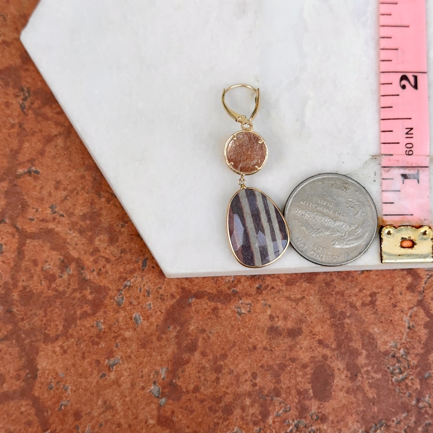 14KT Yellow Gold Cabochon Rutilated Quartz + Jasper Dangle Earrings