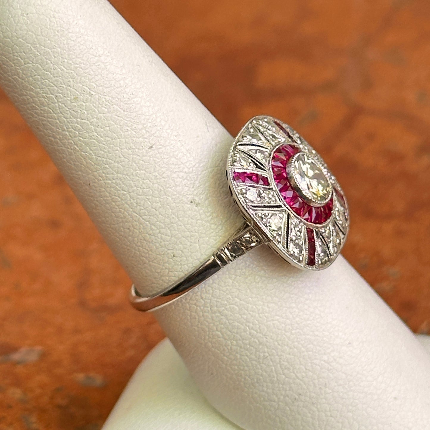 Platinum Art Deco Round Diamond + Square Ruby Ring