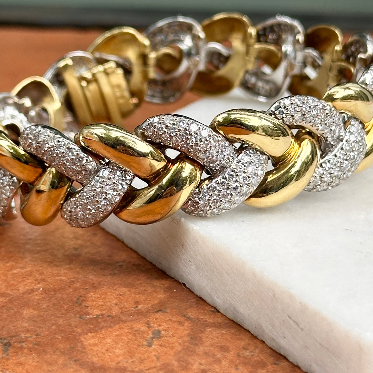 Estate 18KT Yellow + White Gold Round Diamond Large Link Tennis Bracelet