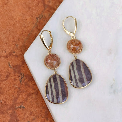 14KT Yellow Gold Cabochon Rutilated Quartz + Jasper Dangle Earrings